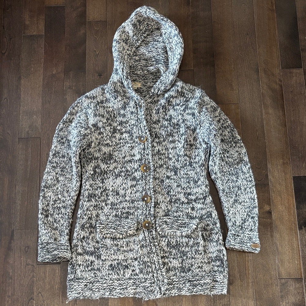 Ark Imports Thick Marled Hand Knit Long Wool Hooded Cardigan Nepal size S/M